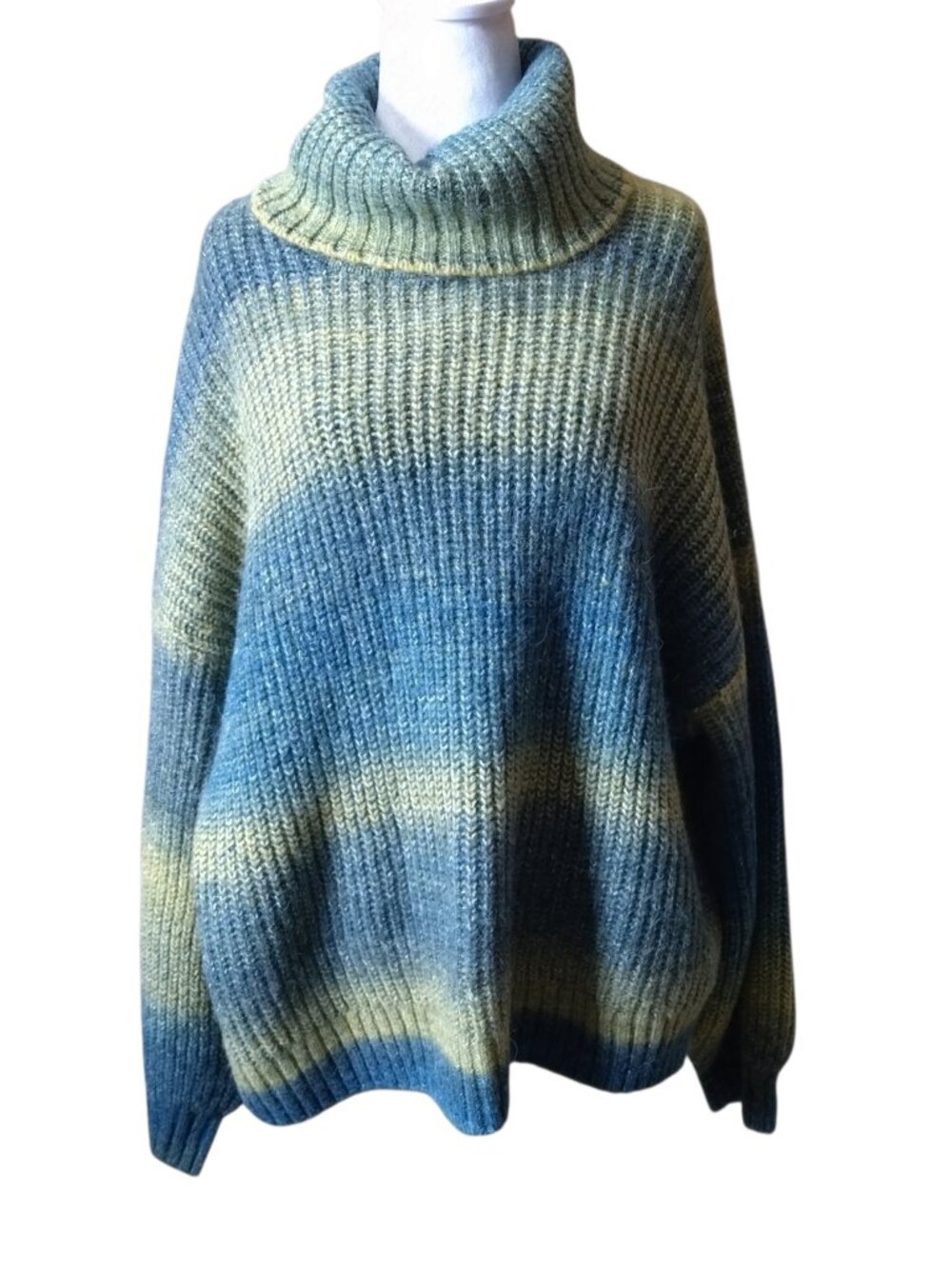 Old Navy Size XXL Teal Green Ombre Chunky Knit Turtleneck Sweater Wool Blend